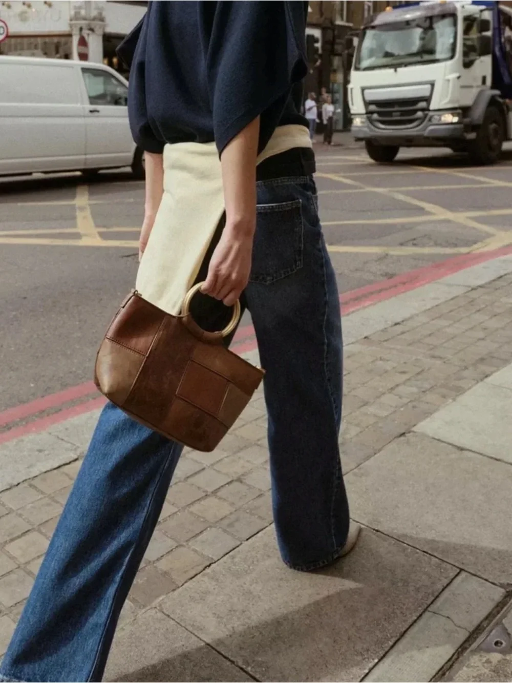 Zara‎ Brown Patchwork Faux Leather Rigid Gold Ring Handle Mini Bucket Bag Viral